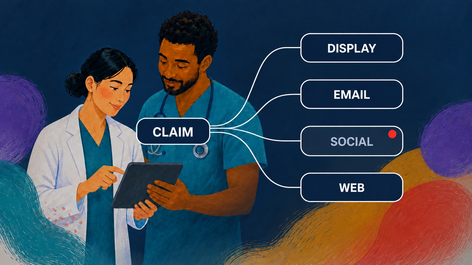 One approved claim connected outward to four channels: display, email, social and web. Social is dimmed and marked, because it cannot carry what the claim requires.